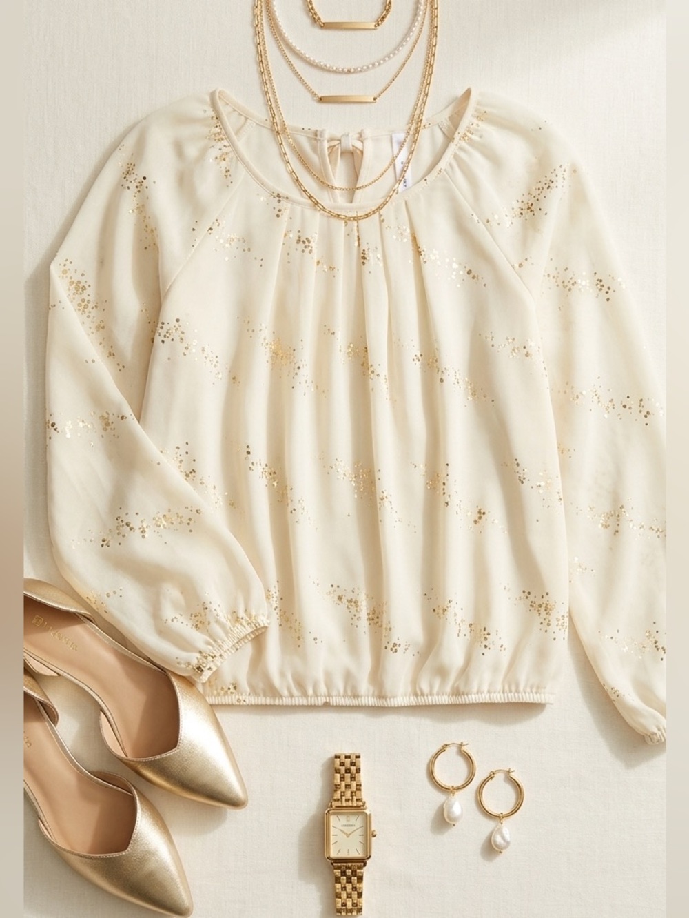 NY Collection Cream Sequin Blouse